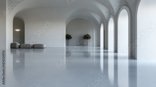 Modern, minimalist interior hallway with arched ceilings