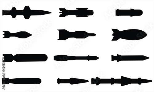 set of black silhouettes of Ballistic missile