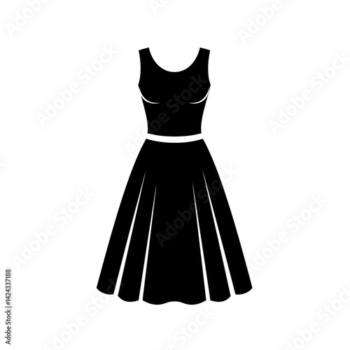 Black silhouette icon of a sleeveless dress with narrow waist and flared skirt in flat minimal vector style