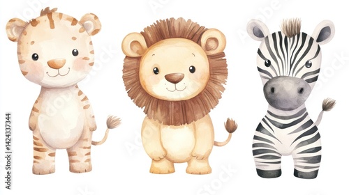 Cute safari animals, lion, tiger, zebra, watercolor illustration, kids decor