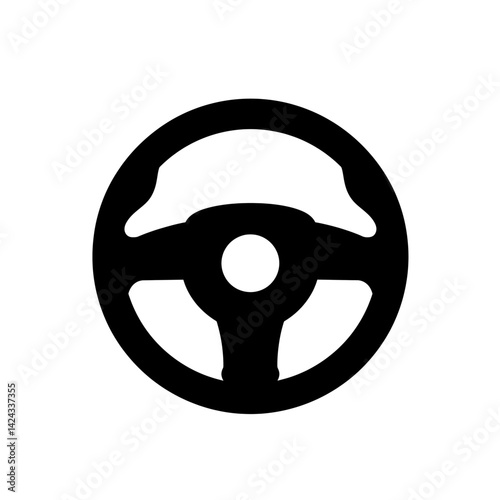 Black silhouette icon of a car steering wheel with three spokes and circular shape in vector flat style
