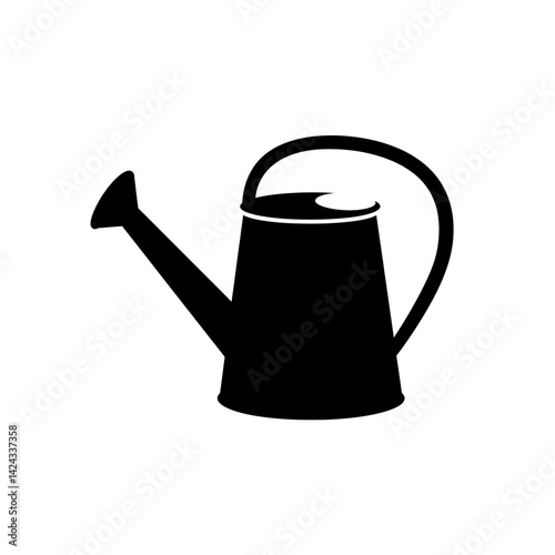 Black silhouette icon of a watering can with long spout and curved handle in flat minimal vector style