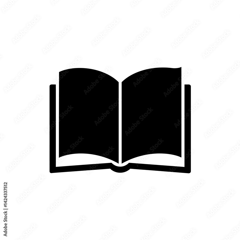 Black silhouette icon of an open book with central spine and visible double pages in simple flat vector style Black silhouette icon of an open book with central spine and visible double pages in simple flat vector style
