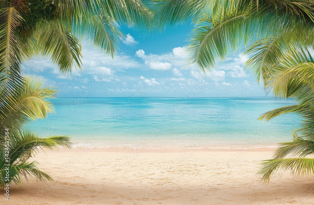 Obraz premium Serene tropical seascape, turquoise ocean, clear sky, palm trees the beach