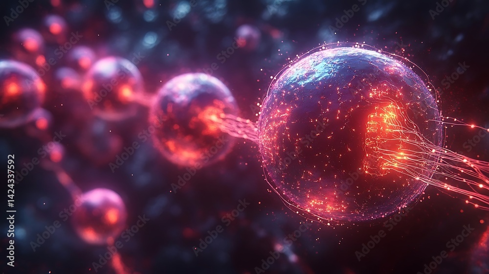 Fototapeta premium Abstract Cellular Network: Glowing Spheres and Interconnected Filaments