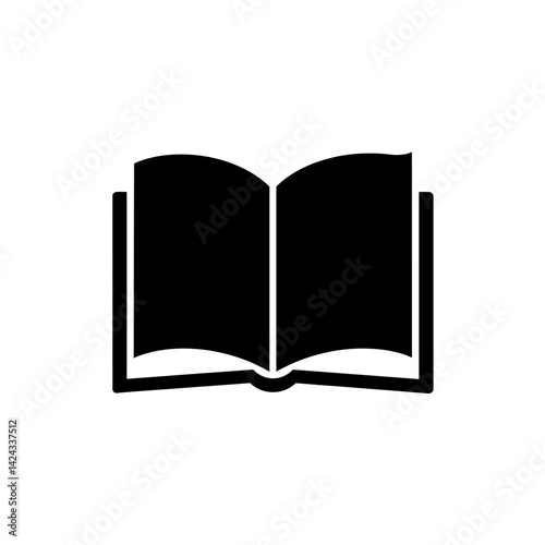 Black silhouette icon of an open book with central spine and visible double pages in simple flat vector style