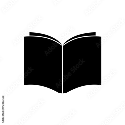 Minimal vector black icon of an open book with curved pages and a centered spine