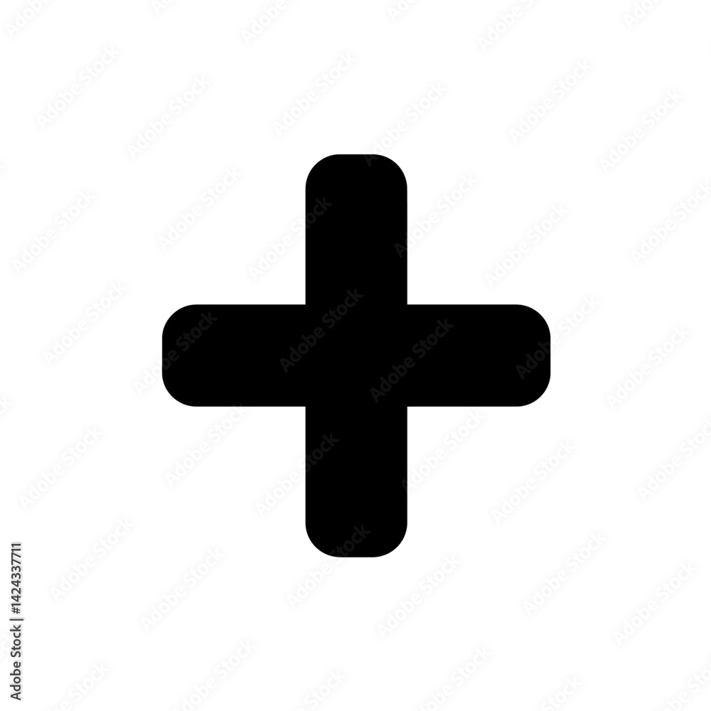 Solid black plus symbol icon in minimal vector silhouette with centered balanced lines and clean style Solid black plus symbol icon in minimal vector silhouette with centered balanced lines and clean style