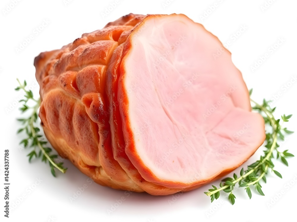 Whole Baked Glazed Ham with Cloves and Herbs Isolated on White Background – High-Resolution Stock Photo for Culinary and Food Marketing Use Whole Baked Glazed Ham with Cloves and Herbs Isolated on White Background – High-Resolution Stock Photo for Culinary and Food Marketing Use