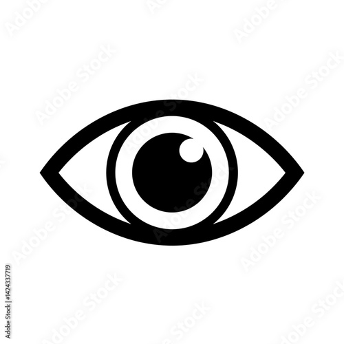 Black vector silhouette icon of a simple human eye with almond shape and centered pupil in flat minimal style