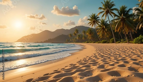 3D Summer Beach Paradise Background	High‑resolution 3D tropical beach background featuring golden sand, turquoise ocean waves, swaying palm trees, and realistic sunlit lens flare for vibrant web and p