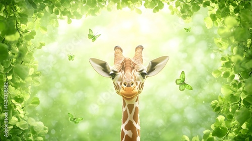 Smiling giraffe amidst vibrant green foliage and butterflies. photo