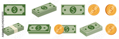 Set of banknotes and coins isolated on white background. Set of gold coins icons. Dollars. Flat vector illustration.