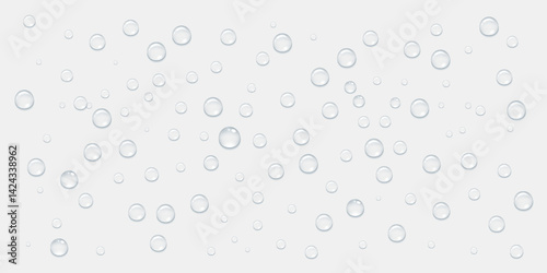 Drops water rain on transparent background, realistic style, vector elements. Clean drop condensation. Vector pure bubbles on window glass.