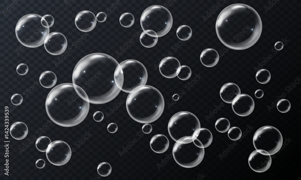 Vector realistic illustration with the image of soap bubbles of round shape, different sizes on an isolated transparent dark background. Transparent flying liquid bubbles for design. Vector realistic illustration with the image of soap bubbles of round shape, different sizes on an isolated transparent dark background. Transparent flying liquid bubbles for design.