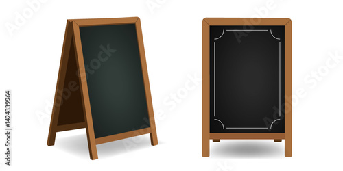 Empty black chalk Board, outdoor menu display in wooden frame, for cafe, restaurant, bar, flower shop, hair salon, small business. Vector stock flat illustration isolated on a white background.