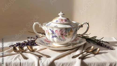 Elegant floral porcelain serving ware with gold accents and lavender sprigs on a cream tablecloth