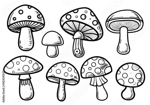 Editable Vector Mushroom Set – Stylized Fungi Collection for Custom Size and Color

