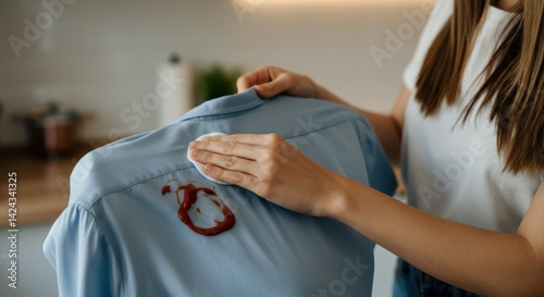Female removing stain from blue shirt in kitchen setting