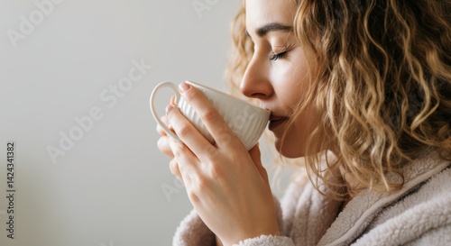 Young caucasian woman sipping tea calmly in cozy indoor setting