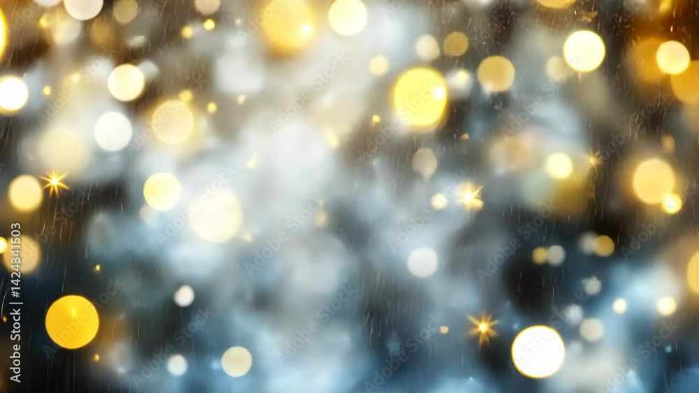 Glittering golden and silver bokeh lights glowing in festive motion with sparkling particles