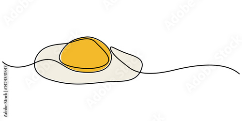 Scrambled eggs drawn with one continuous line, Pro vector, Vector illustration of Fried egg with runny yolk on white background black and white drawing For children to learn to color. World egg day.