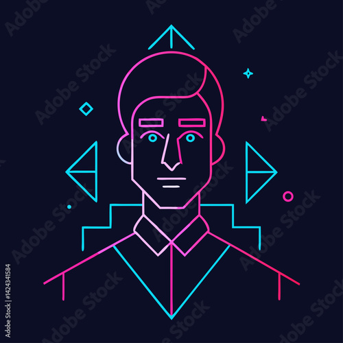 A determined young man ascending towards success, symbolized by vibrant neon lines and geometric shapes on a dark background.