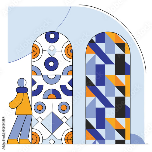A lone figure explores a vibrant world of geometric patterns, a journey through contrasting archways filled with bold blues, oranges, and crisp lines, showcasing a playful yet sophisticated design.