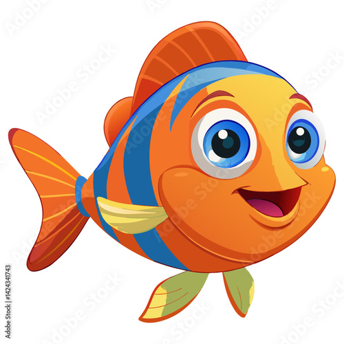 A funny, smiley cartoon fish vector illustration with big eyes brings happy, cute animal fun