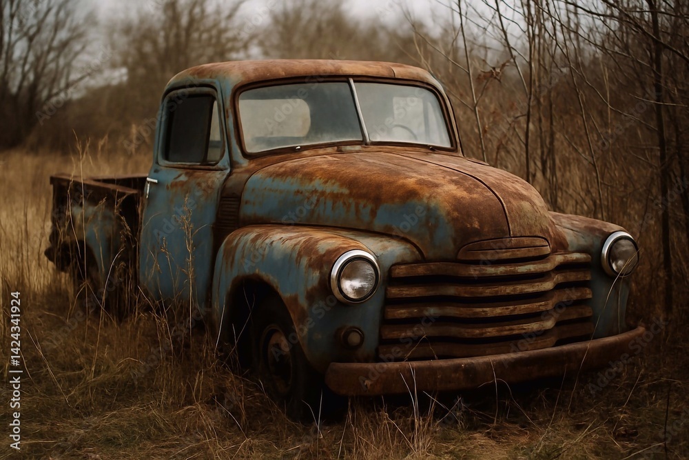 Abandoned rusty pickup truck in a field Abandoned rusty pickup truck in a field