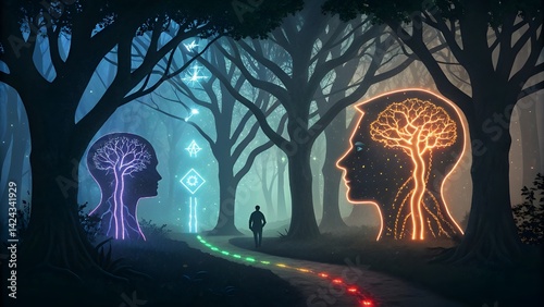 A futuristic neural network branching from a human head, blending biology with technology, representing cognitive science and AI psychology, glowing wires and abstract lights, Duality of mind: a split