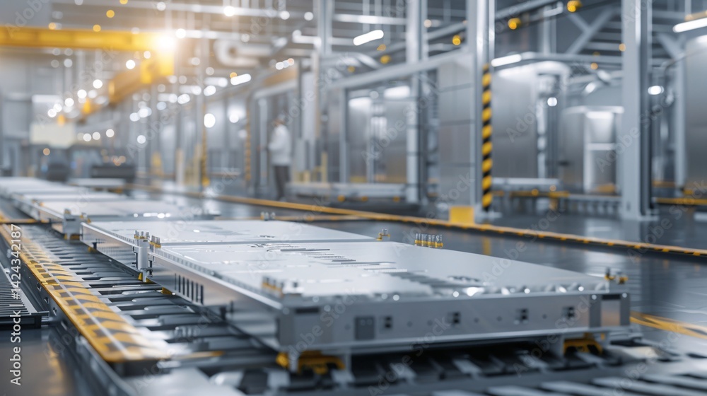 Modern factory assembly line with metal components Modern factory assembly line with metal components