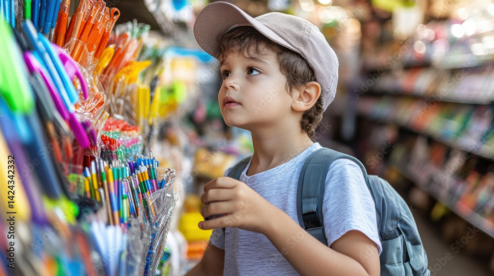 A child stands in front of a vibrant display of colorful stationery in a store.