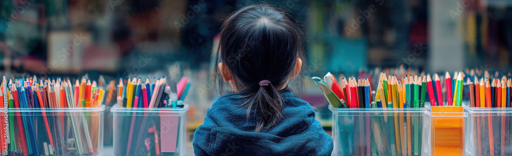 Multiracial Child at Stationery Store Window, Thoughtful Moments and Colorful Supplies for School Design