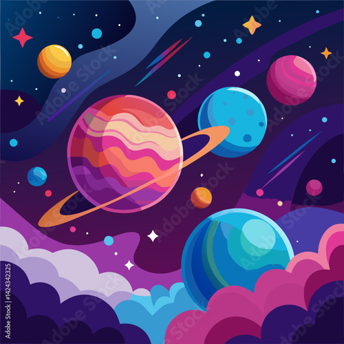 A vibrant cosmic journey through swirling nebulae and colorful planets, showcasing playful celestial bodies and shooting stars in a bold, stylized design.