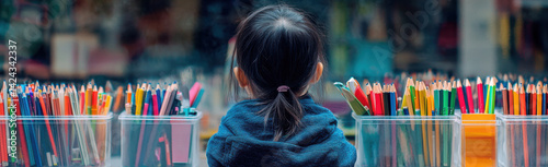 Multiracial Child at Stationery Store Window, Thoughtful Moments and Colorful Supplies for School Design