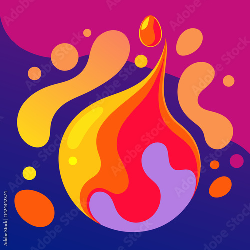 A vibrant, fiery droplet erupting with joyful energy, radiating warmth and passion in a dynamic abstract composition with bold color gradients.