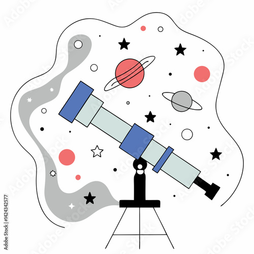A whimsical telescope gazing into a vibrant cosmos of planets and stars, playfully rendered with soft pastel colors and outlined shapes.