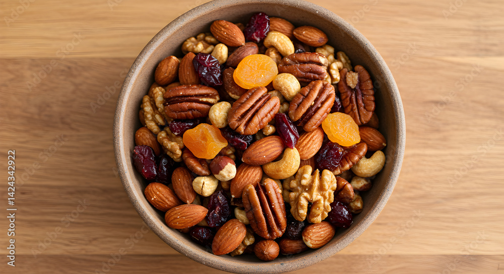 Assorted Nuts And Dried Fruits In A Rustic Bowl On Wood Table Assorted Nuts And Dried Fruits In A Rustic Bowl On Wood Table