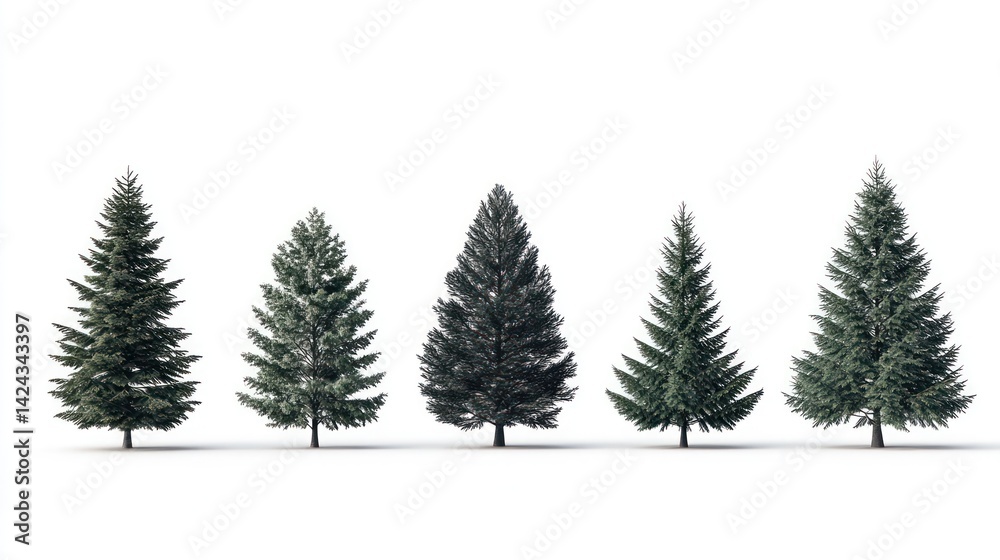 Obraz premium Five evergreen trees, isolated on white, for landscape design