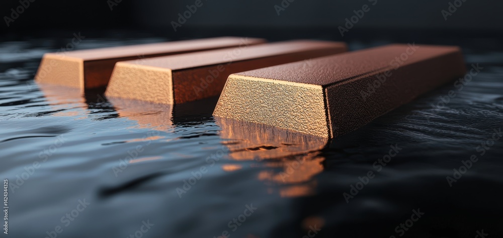 Gold Bars Floating on Water Industrial Setting High-Quality Image Calm Environment Close-Up View Wealth Concept