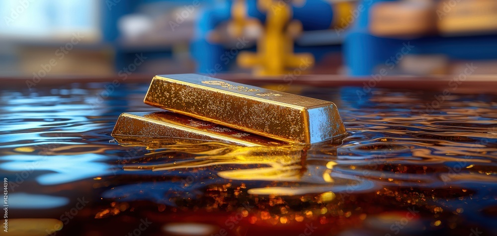 Gold Bars Reflecting in Liquid Industrial Setting High-Quality Visual Bright Environment Close-Up View