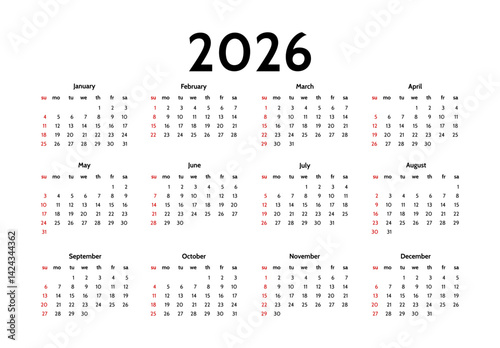 Calendar for 2026 isolated on a white background
