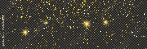 Gold glittering dust with stars on transparent backdrop