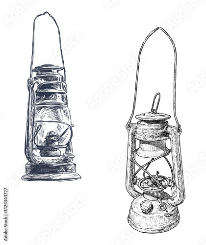 Sketches of two old kerosene lamps, vector realistic hand drawings isolated on white