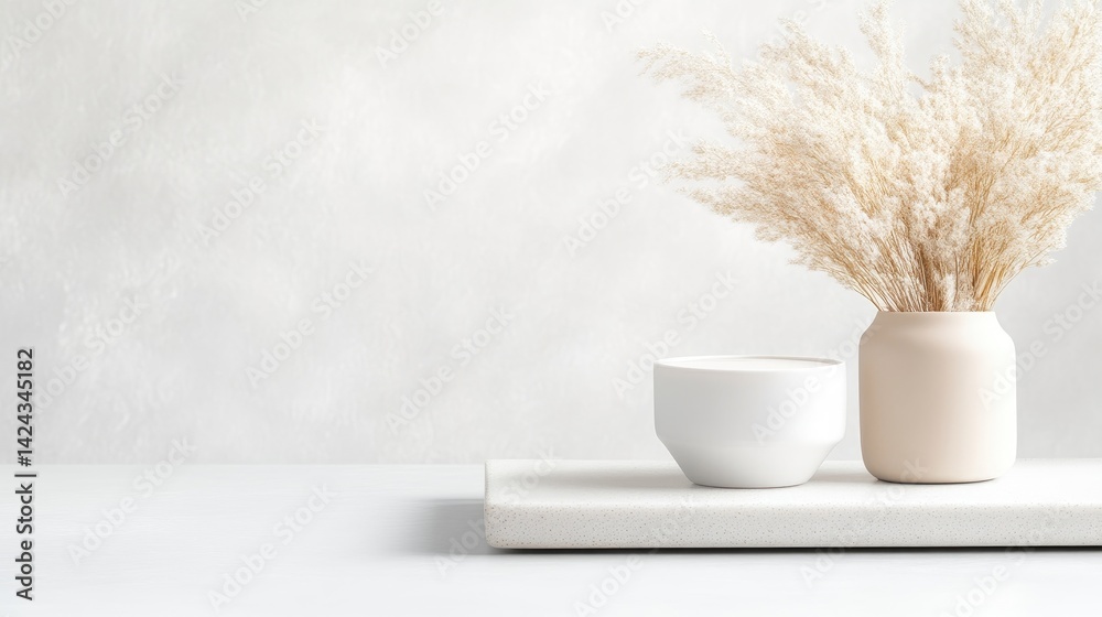 Minimalist home dcor display with light beige pampas grass and ceramic containers Minimalist home dcor display with light beige pampas grass and ceramic containers