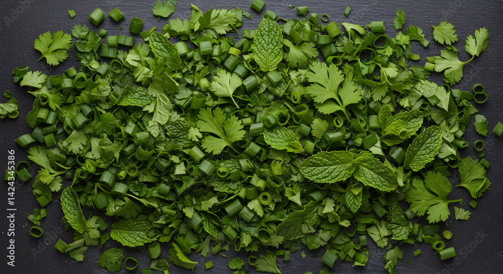 Fototapeta premium Fresh Culinary Herbs Composition Displayed On A Dark Background