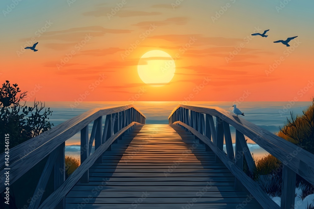 Obraz premium Warm wooden boardwalk in the sunset glow