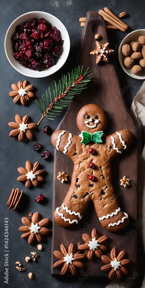 Homemade gingerbread cookies. Winter composition. New Year or Christmas. Top view flat lay. Generative AI