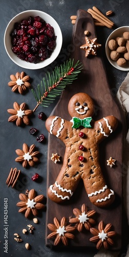 Homemade gingerbread cookies. Winter composition. New Year or Christmas. Top view flat lay. Generative AI